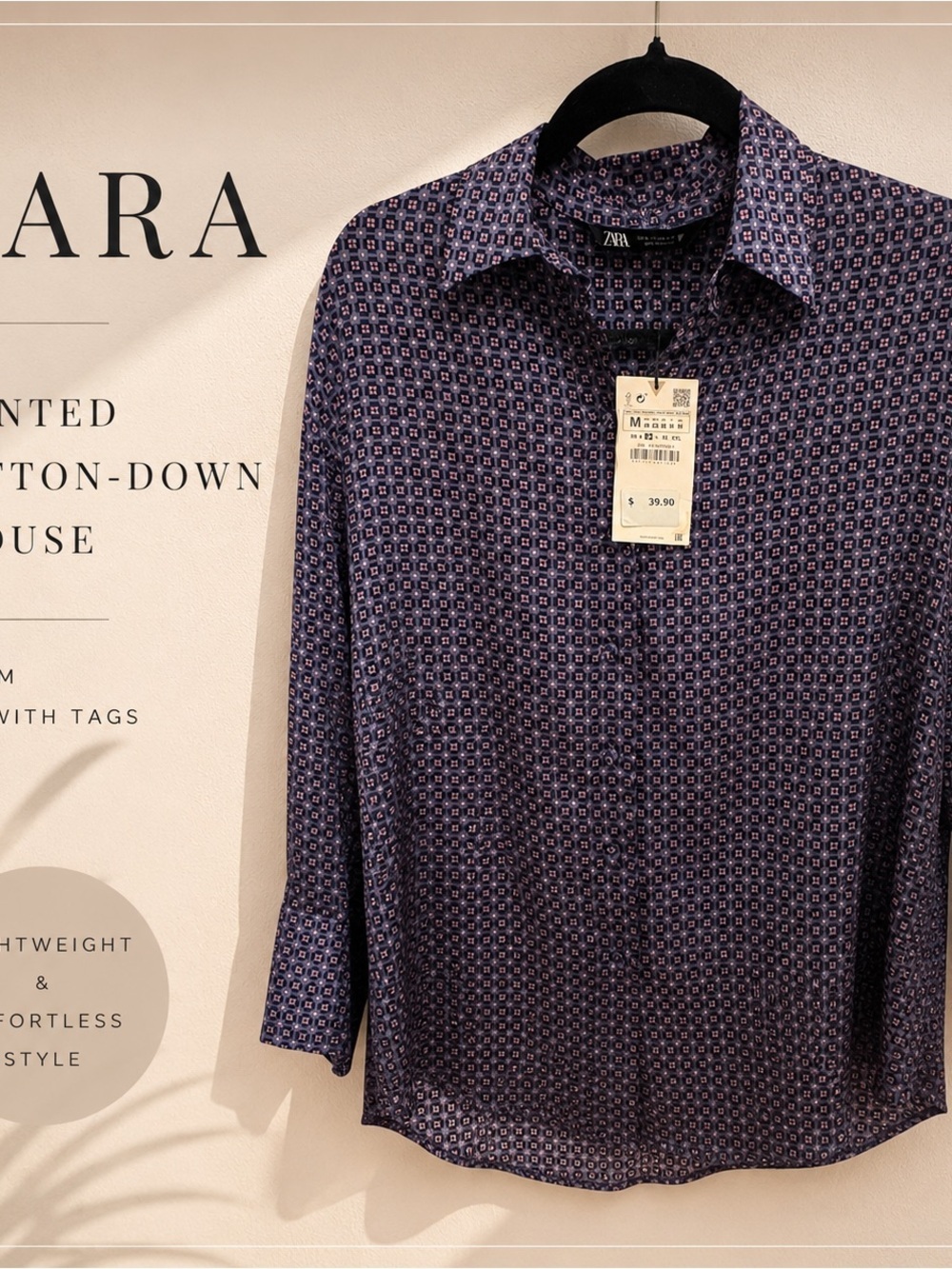 ZARA  Navy and Purple Geometric Long-Sleeve Button-Down Shirt
